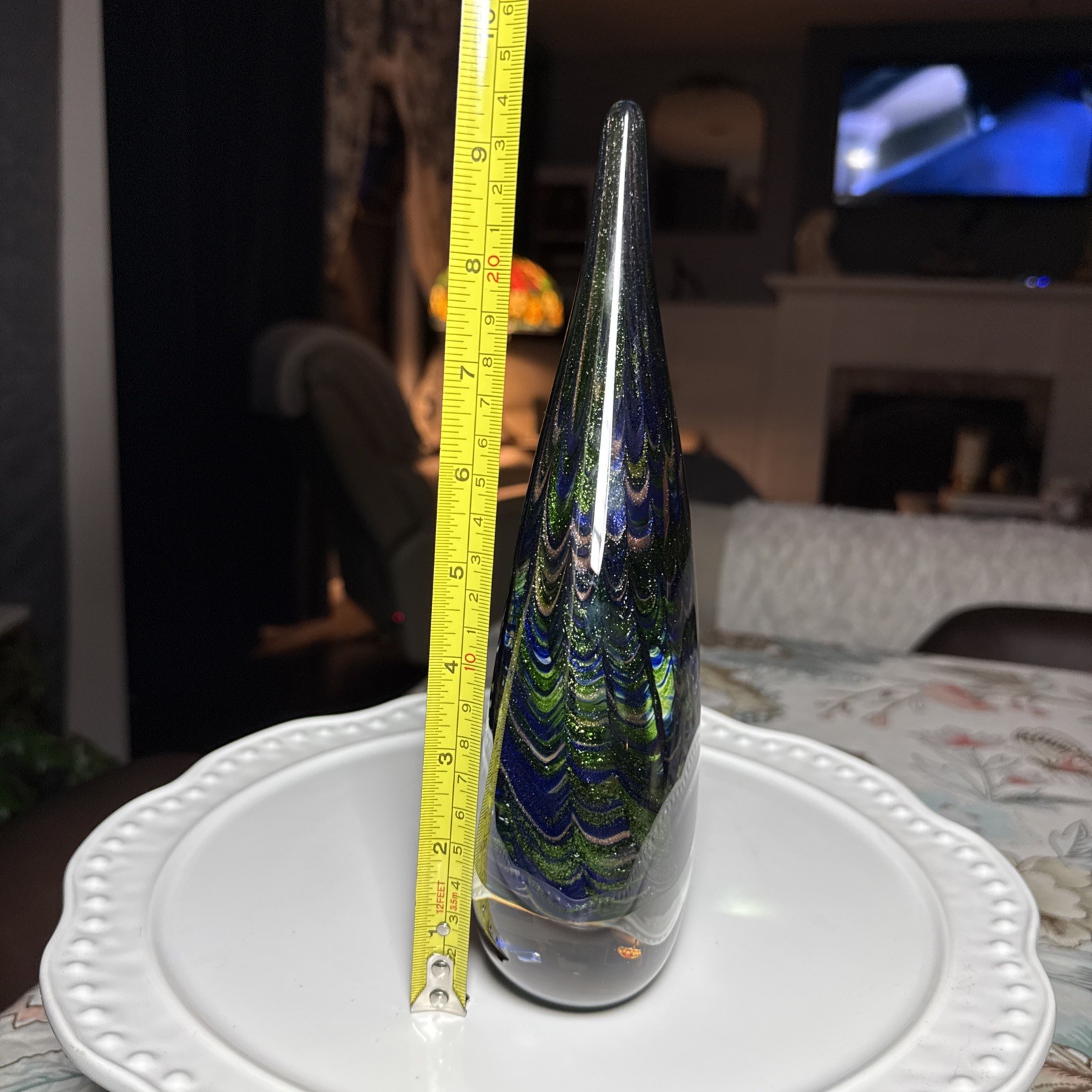 Peacock Inspired Heavy Art Glass Teardrop Sculpture Paperweight 10” Home Decor