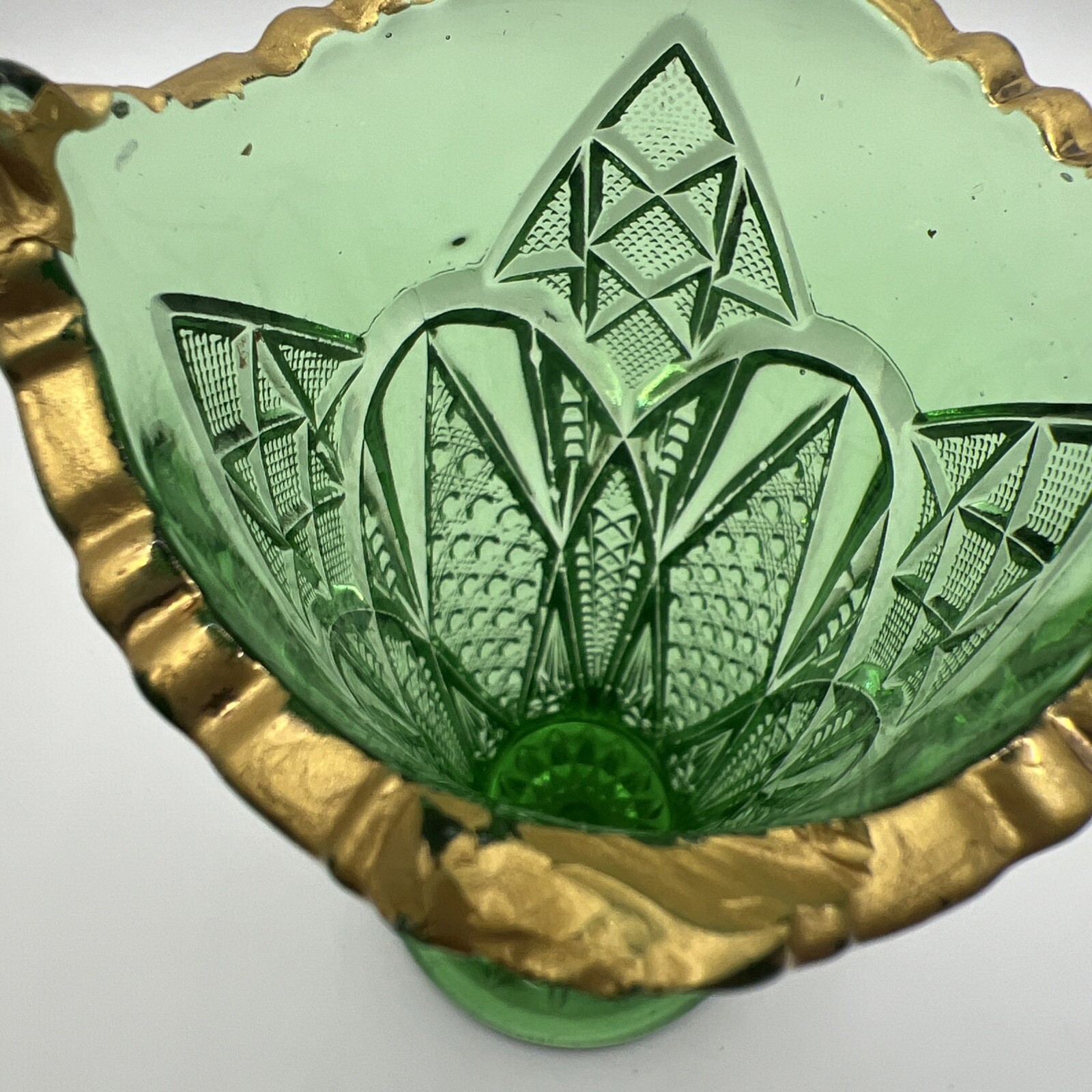 Vintage US Glass Co Vase Emerald Green Gold Trim 6” Tall. Weighs 15 Ounces.