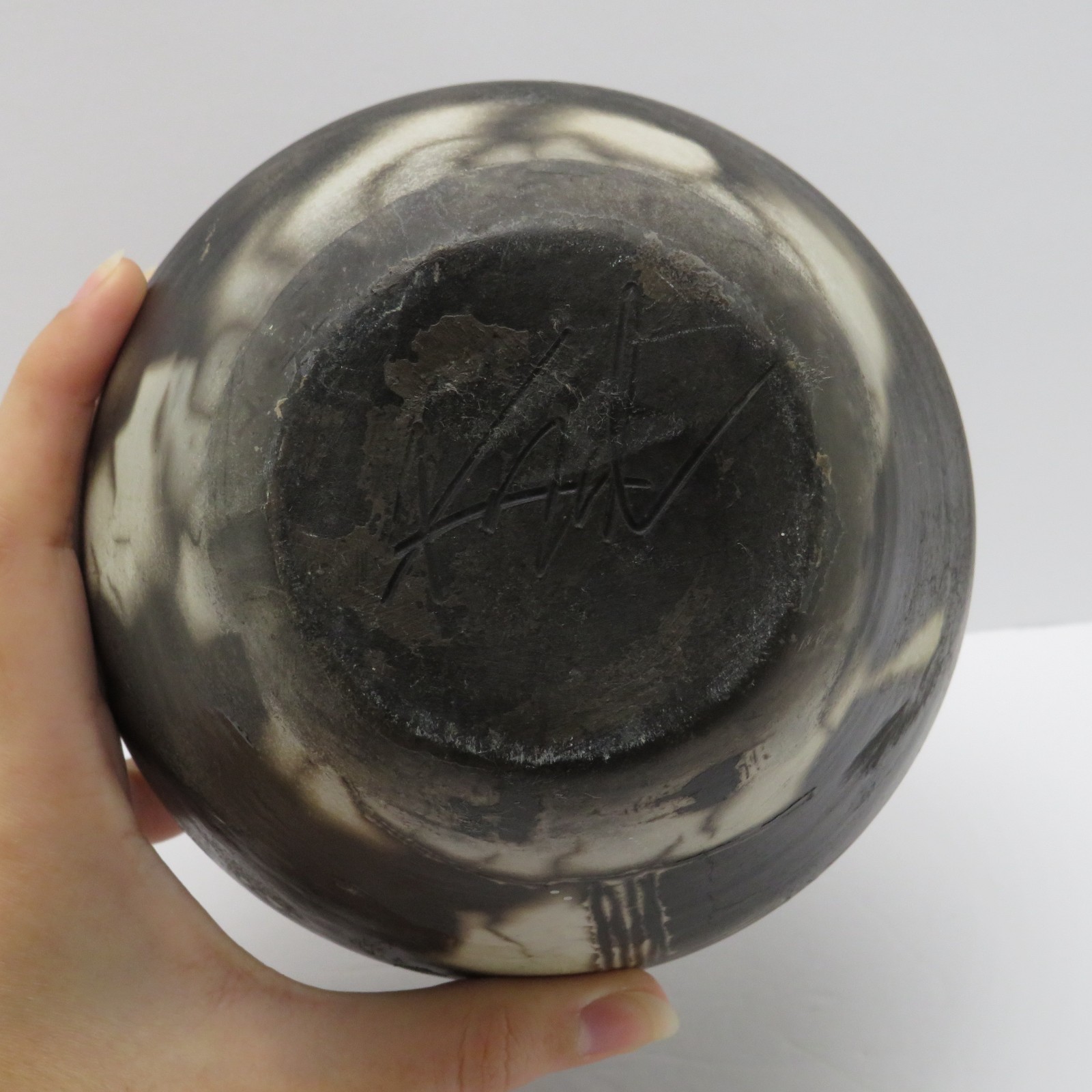 Raku Black/White Signed Studio Pottery Vase/Pot With a Cross Native Amer. STYLED