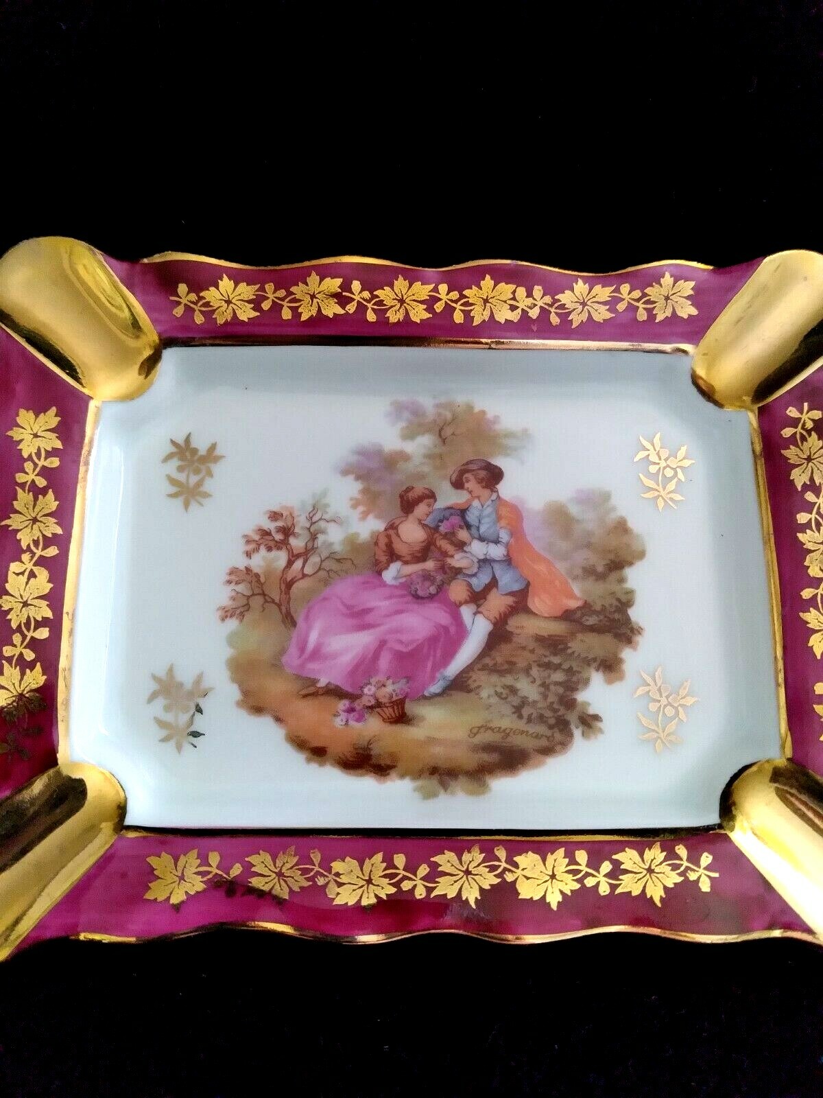 Vintage LIMOGES France Trinket Dish Ashtray Fragonard Scene Signed 5-1/8″x4″