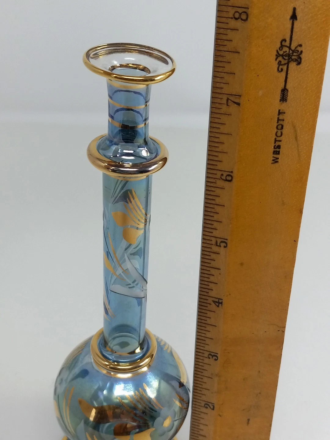 Vintage Blue Gold Egyptian Hand Blown Art Glass Mini Vase Delicate Boho 7.5″