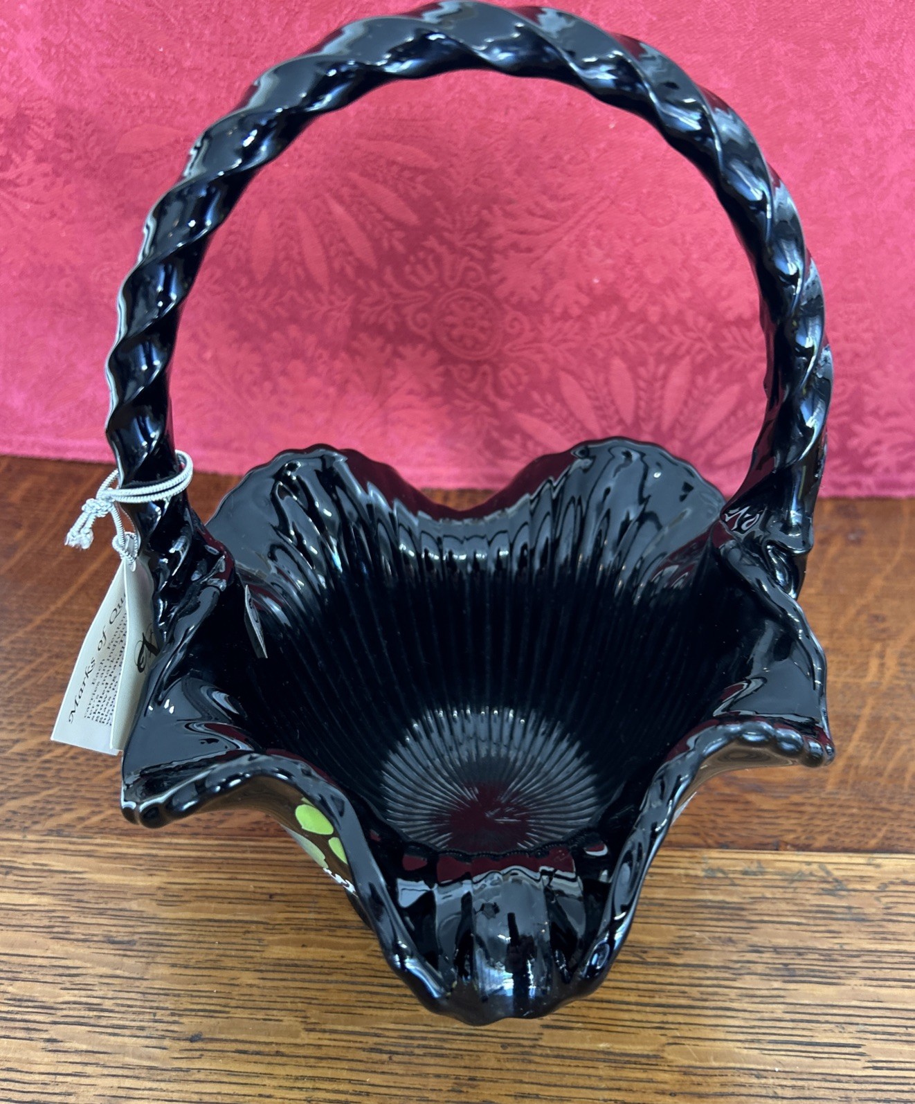 Fenton Glass Basket Midnight Safari Jungle Jaguar Zebra Giraffe Black Amethyst