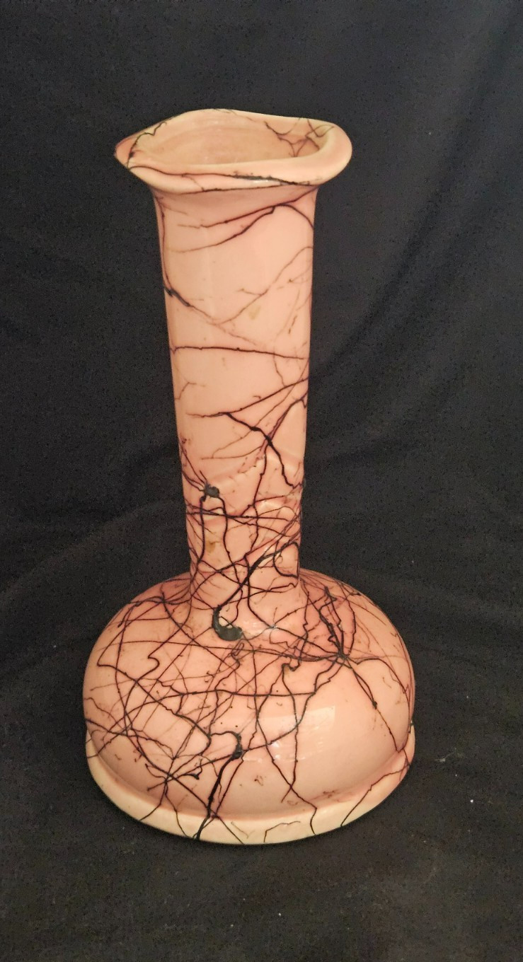 McCoy Chromoveil Pottery Vase 7″ Pink w Black Spideweb Splatter Glaze #070 USA