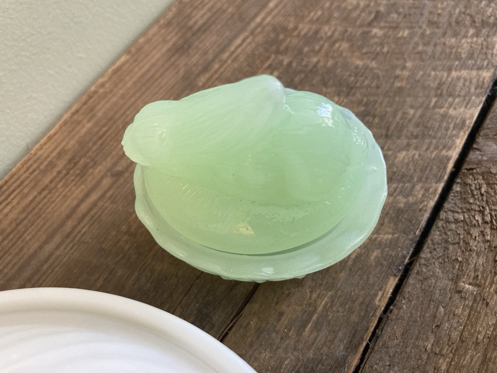 Jadeite Rabbit Bunny On Nest 2.5” & Translucent Milk Glass Hen On Nest 4.5”