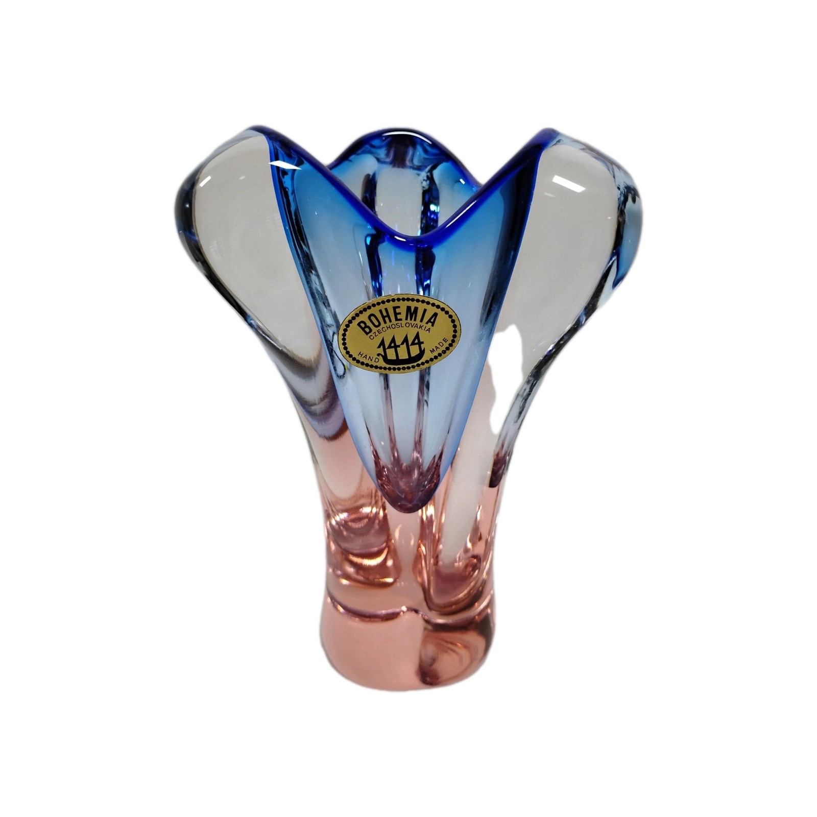 Vintage Bohemia Crystal Glass Blue & Pink Perfect Condition Vase 8″ Tall