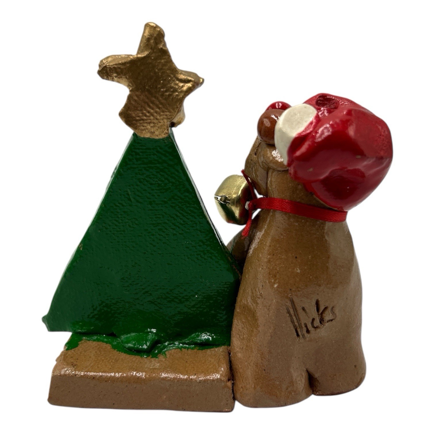 Nancy Hicks Folk Art Pottery Reindeer with Present Tree Bell Christmas Decor