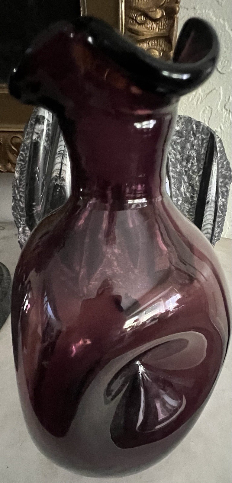 Vintage Amethyst Hand Blown Ruffled Rim Vase, 8 1/2”