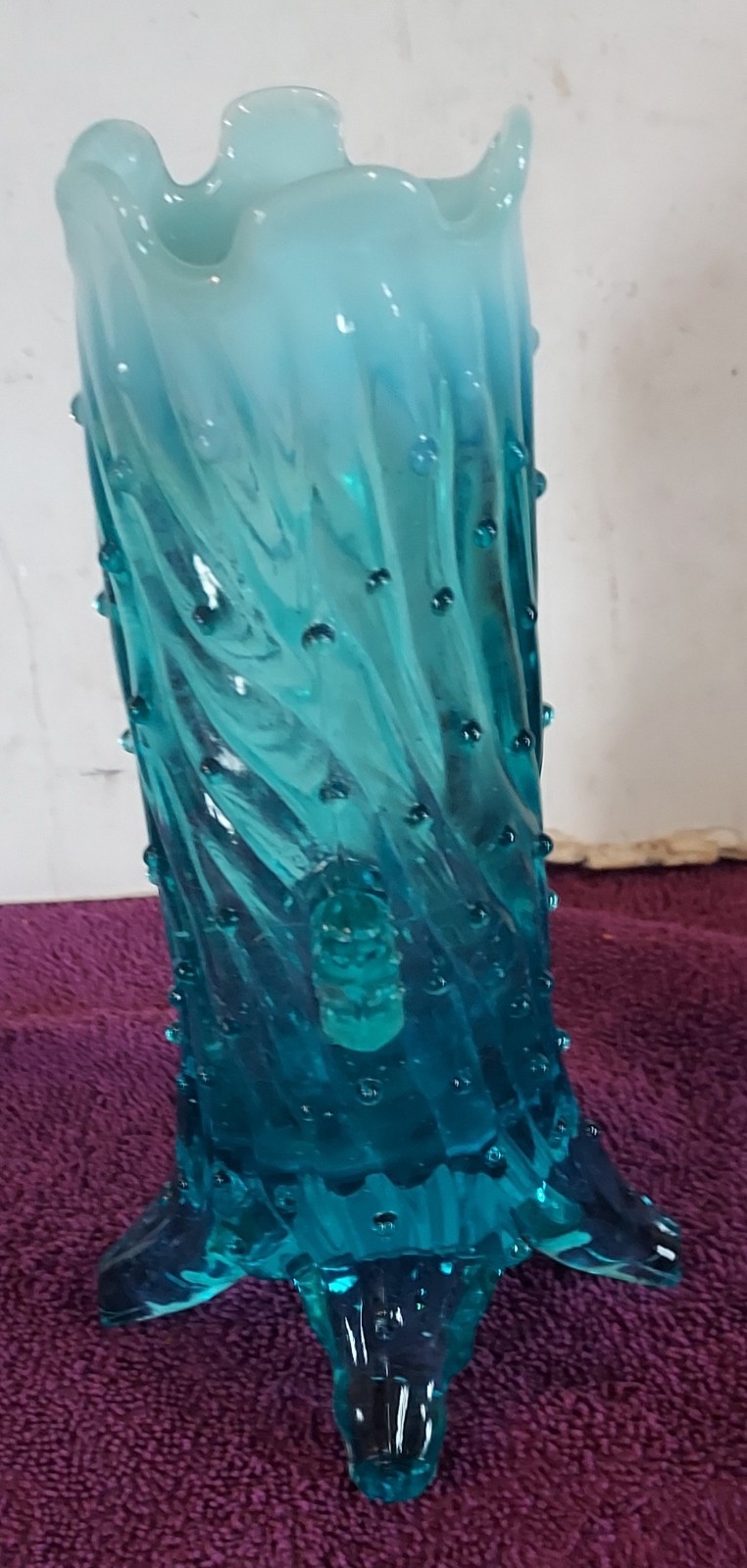 Northwood Aqua Blue Opalescent Town Pump Tree Trunk Vase/ Pitcher # 1