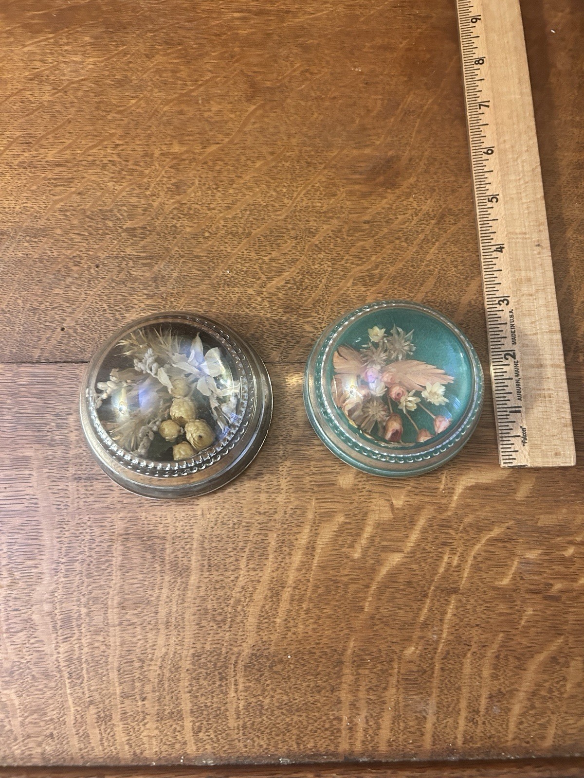 Two Vintage Domed Glass Mid 20th Century Paperweights Dried Florals Ex. Con