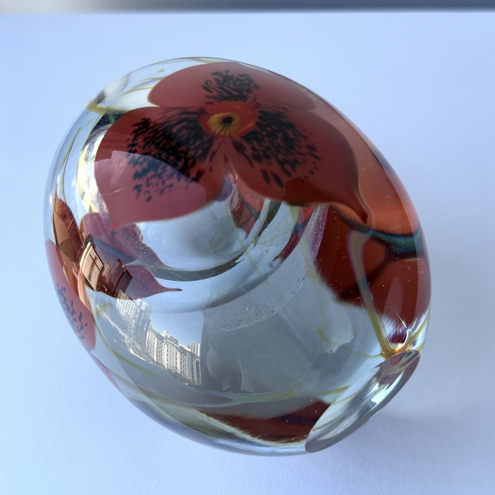 Robert Eickholt Red Trillium Flower Art Glass Paperweight Bud Vase Signed 1997