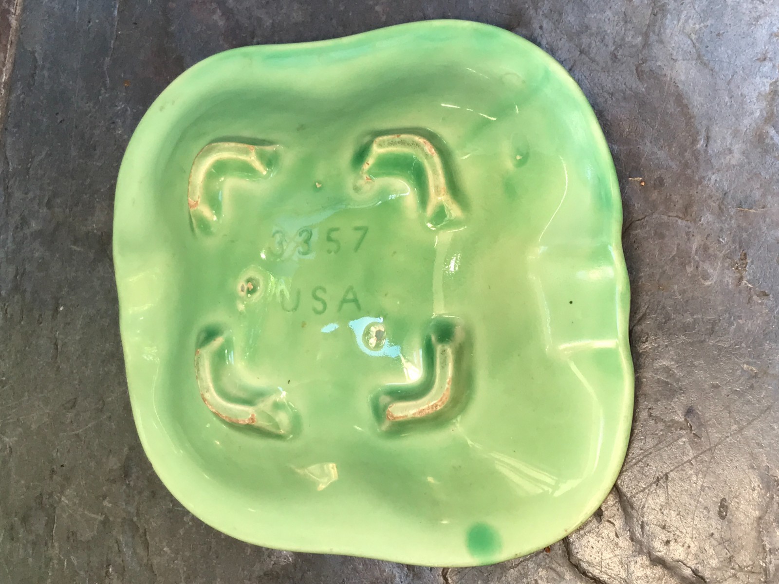 Vintage USA ceramic ashtray ~6″ square green blue drip glaze MCM 1950s – 1970s