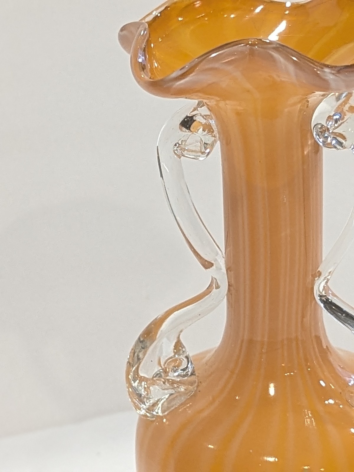 Vintage Murano Style Orange Peach White Striped Swirl Art Glass Bud Vase 6.25″