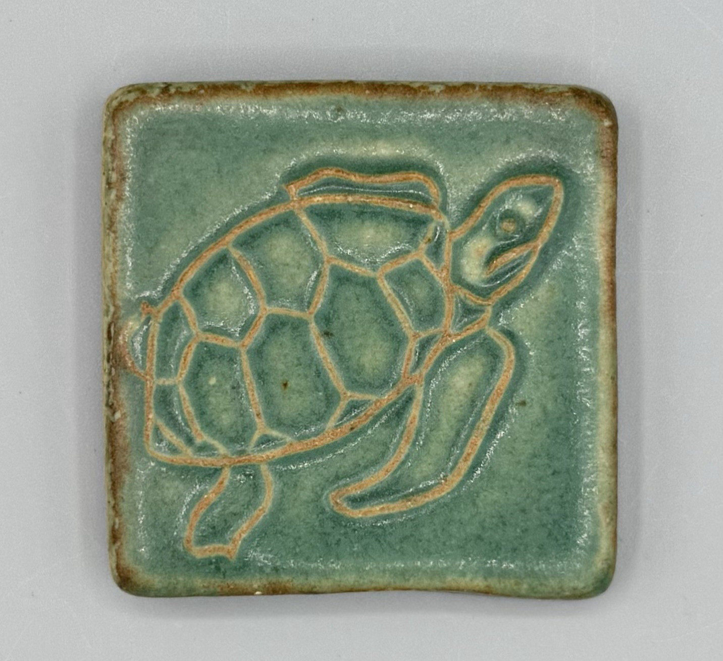 Vintage Pewabic Pottery Sea Turtle Tile 2.75” Green 1997 Goodwill Partnership