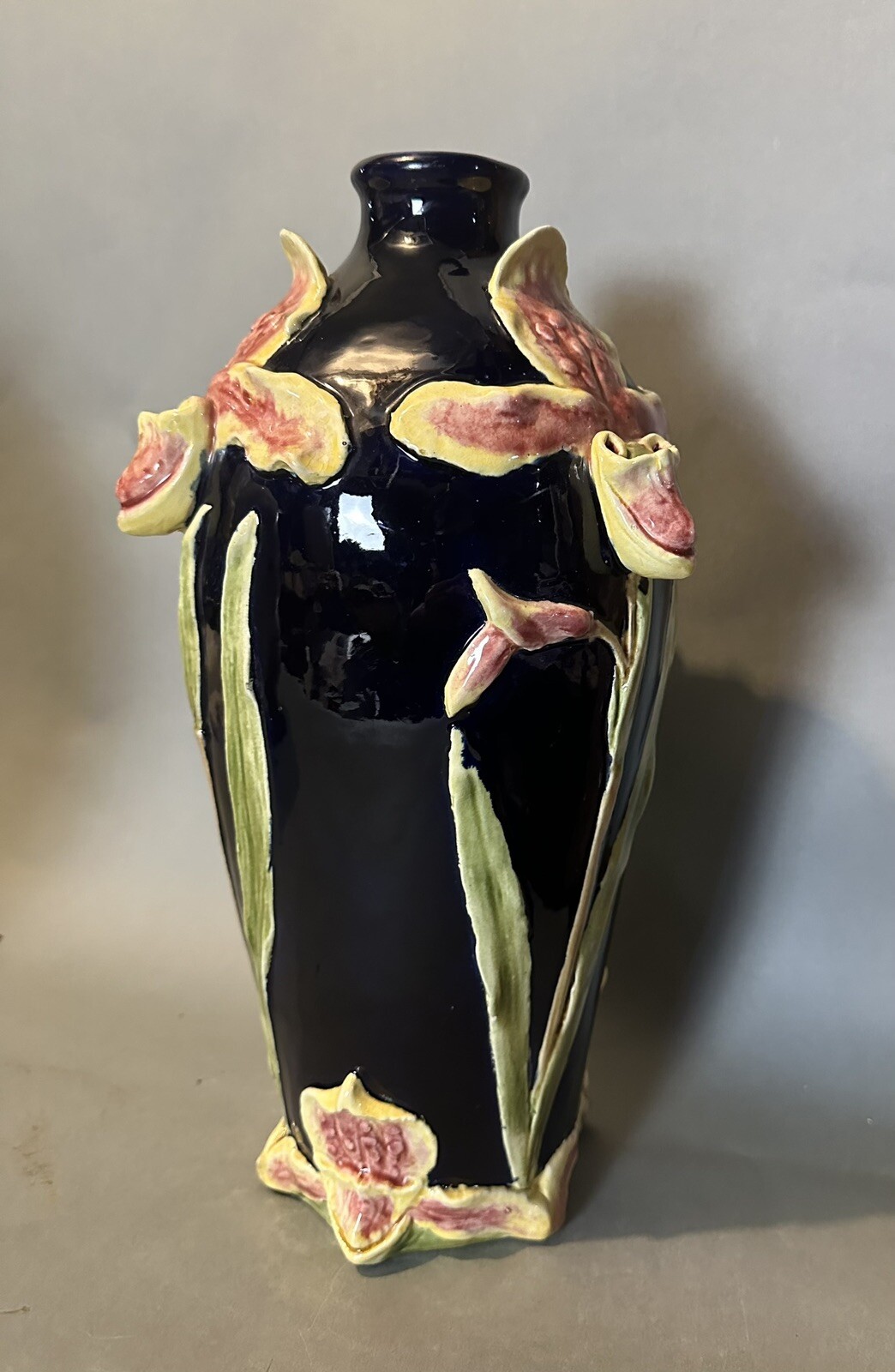 Antique Continental Majolica Floral Art Nouveau Cobalt Blue 13.5″ Pottery Vase