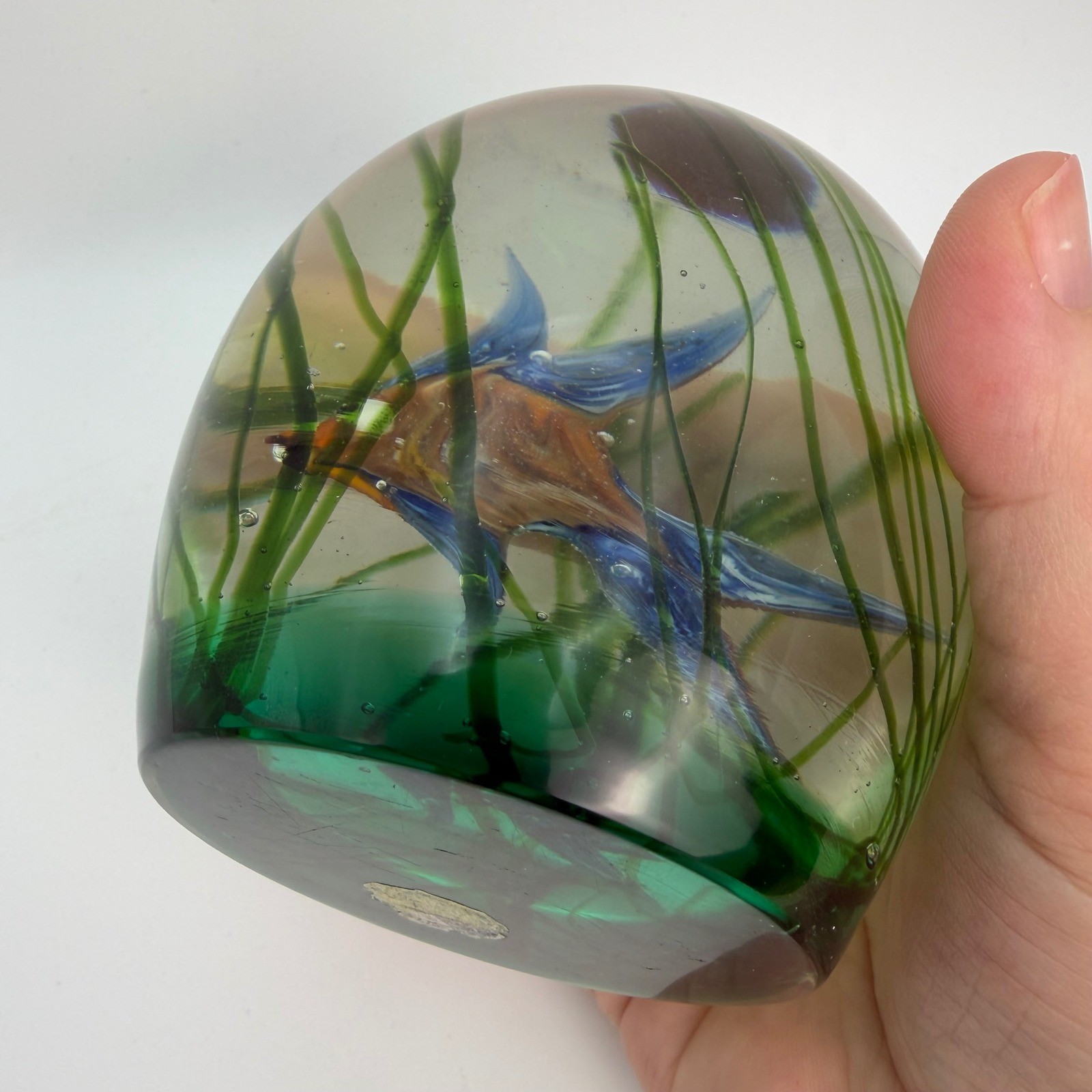 Vintage Art Glass Paperweight Green Blue Bubble Murano Style Heavy Glass Orb