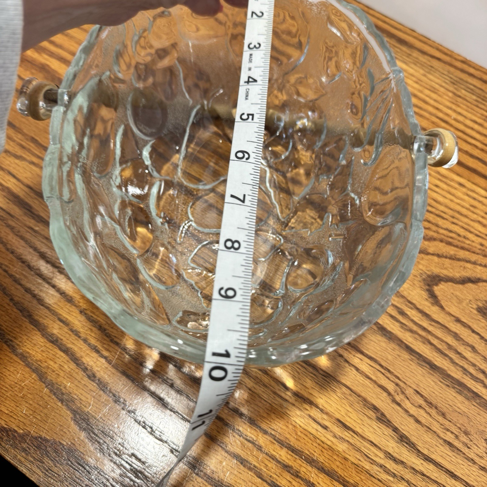 VTG Libbey Orchard Fruit Embossed Clear Glass Oval Bowl Basket Rattan Handle