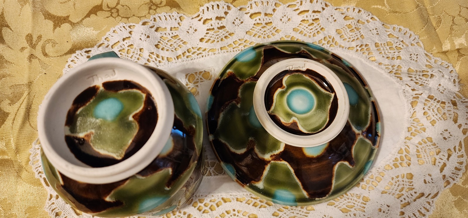 Studio Pottery By Ceramist Artist Thad A Drip Glaze Blue Green Brown Mug/Saucer