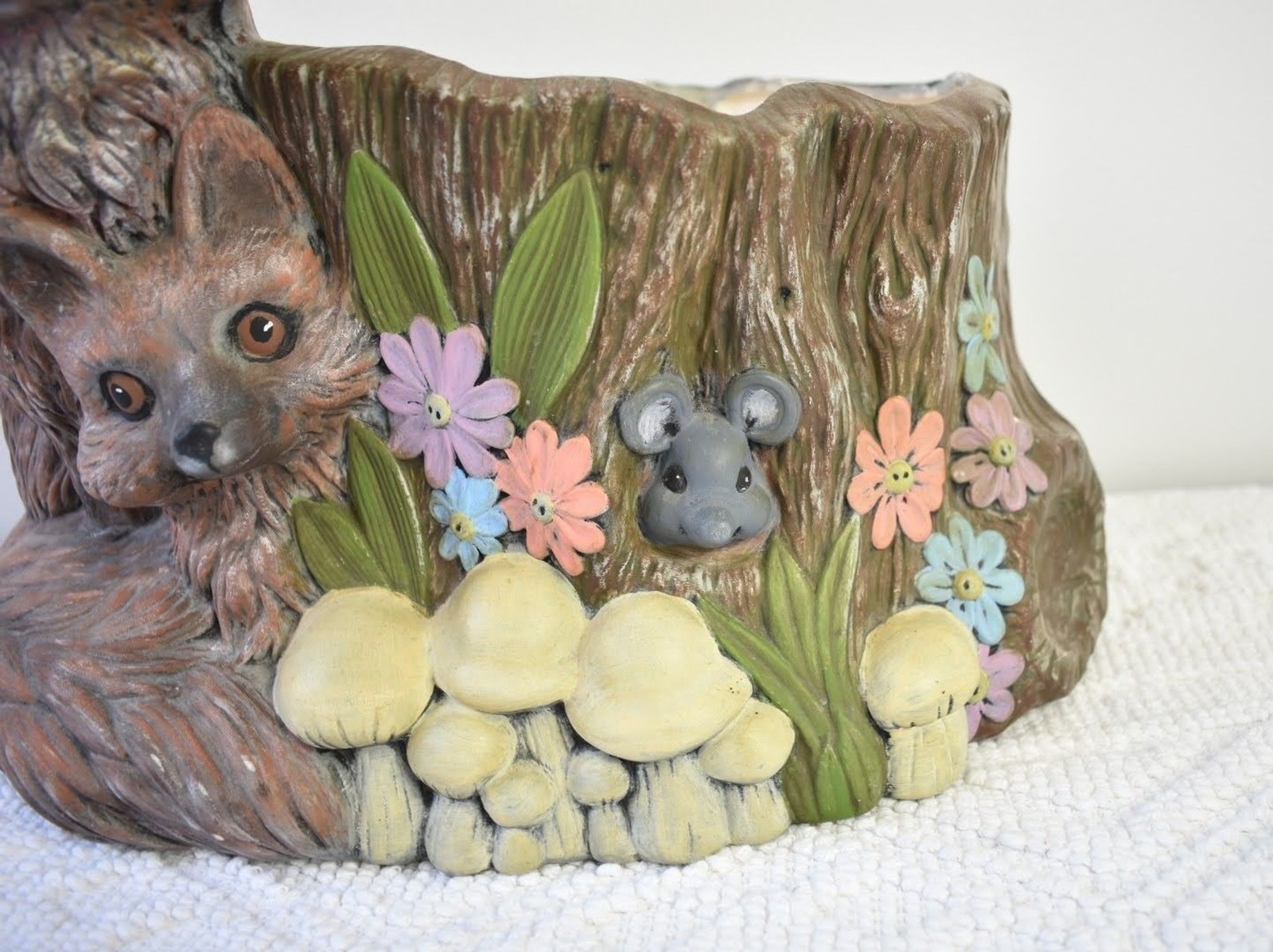 Cottagecore Vintage Fox & Kit Forest Tree Stump Ceramic Planter Pot