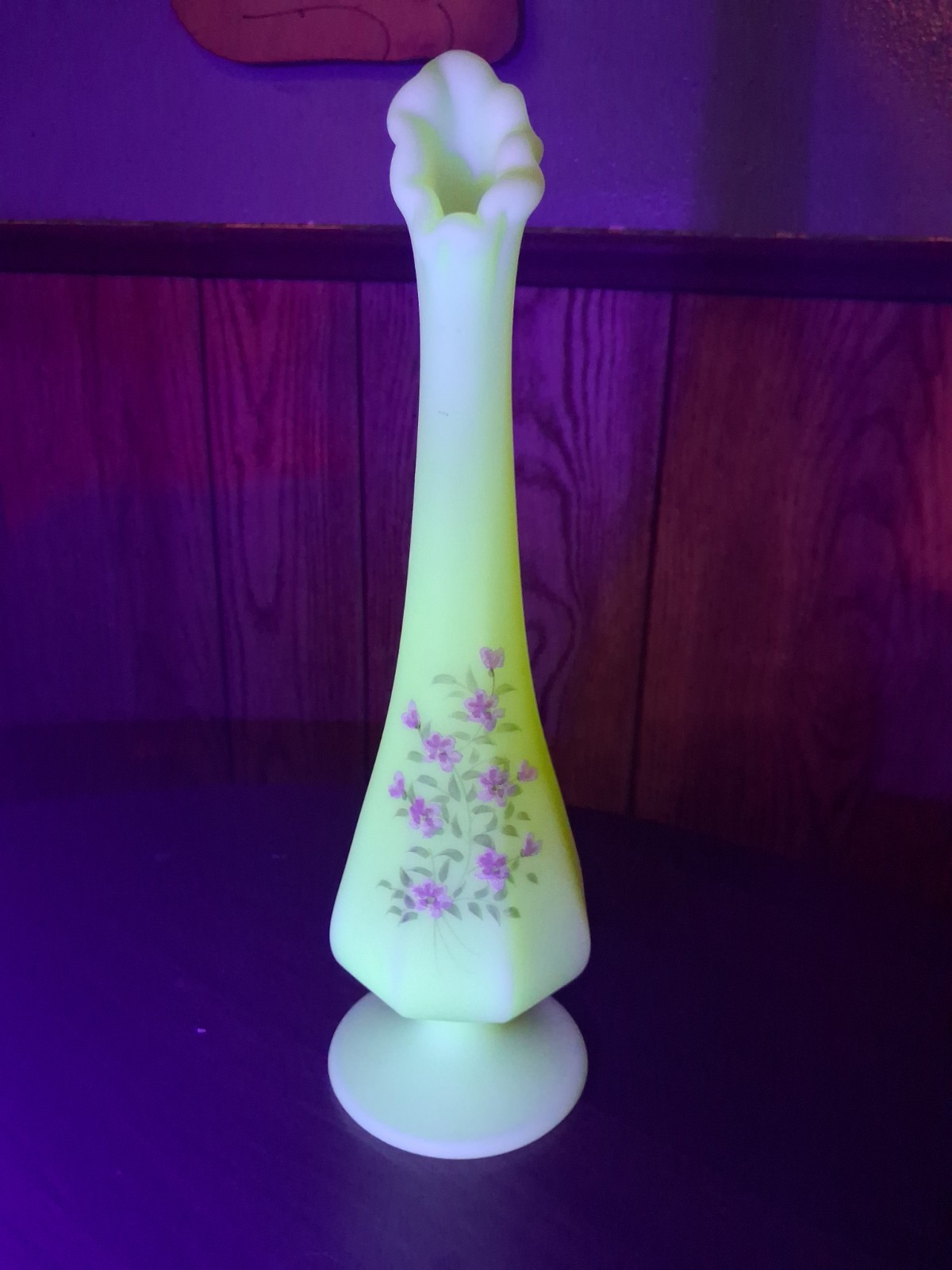 Fenton Uranium Custard Glass Swung Bud Vase Hand Painted Signed 11 inch GLOWS