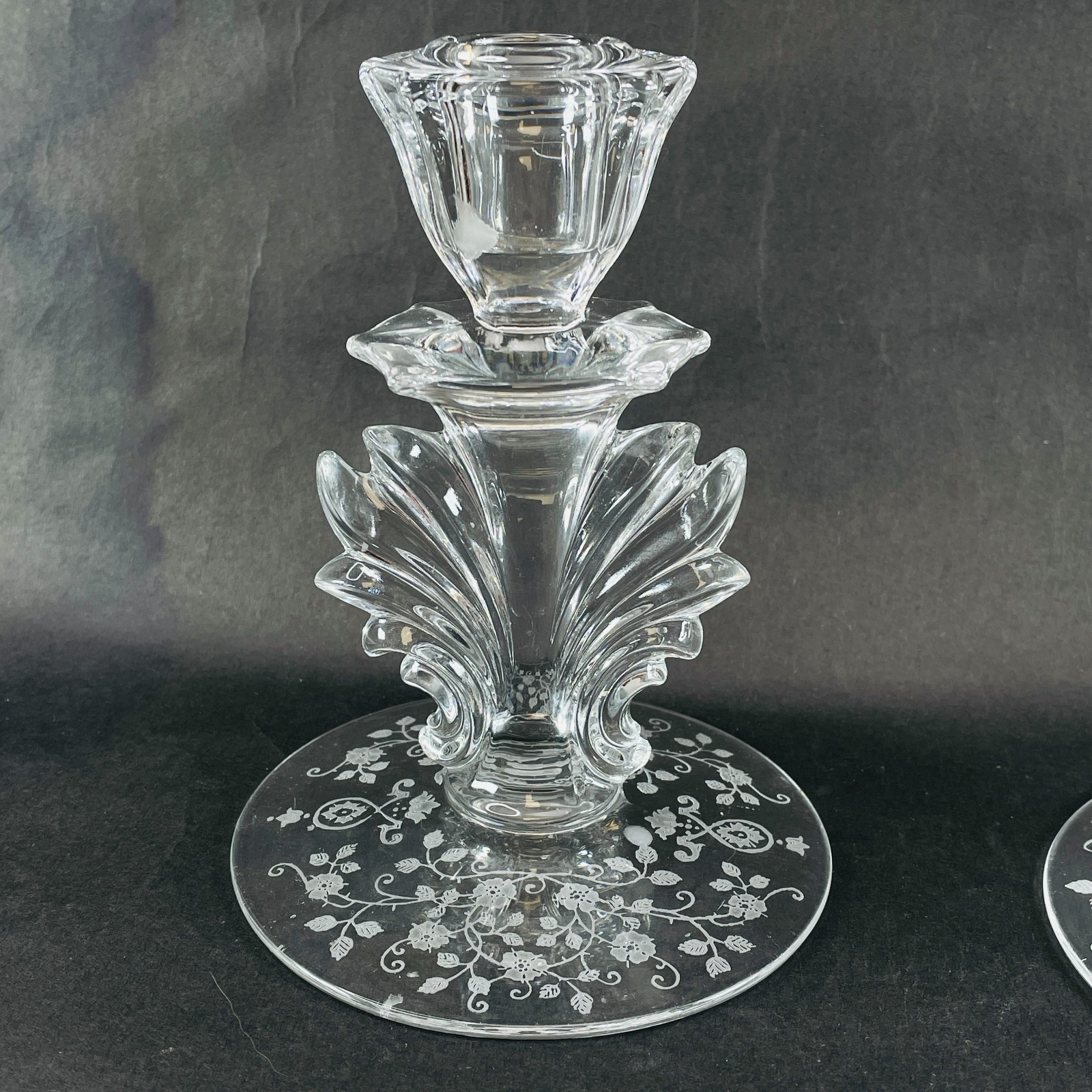Pair Vintage Fostoria Navarre Etched Glass Candlesticks Baroque Candle Holders