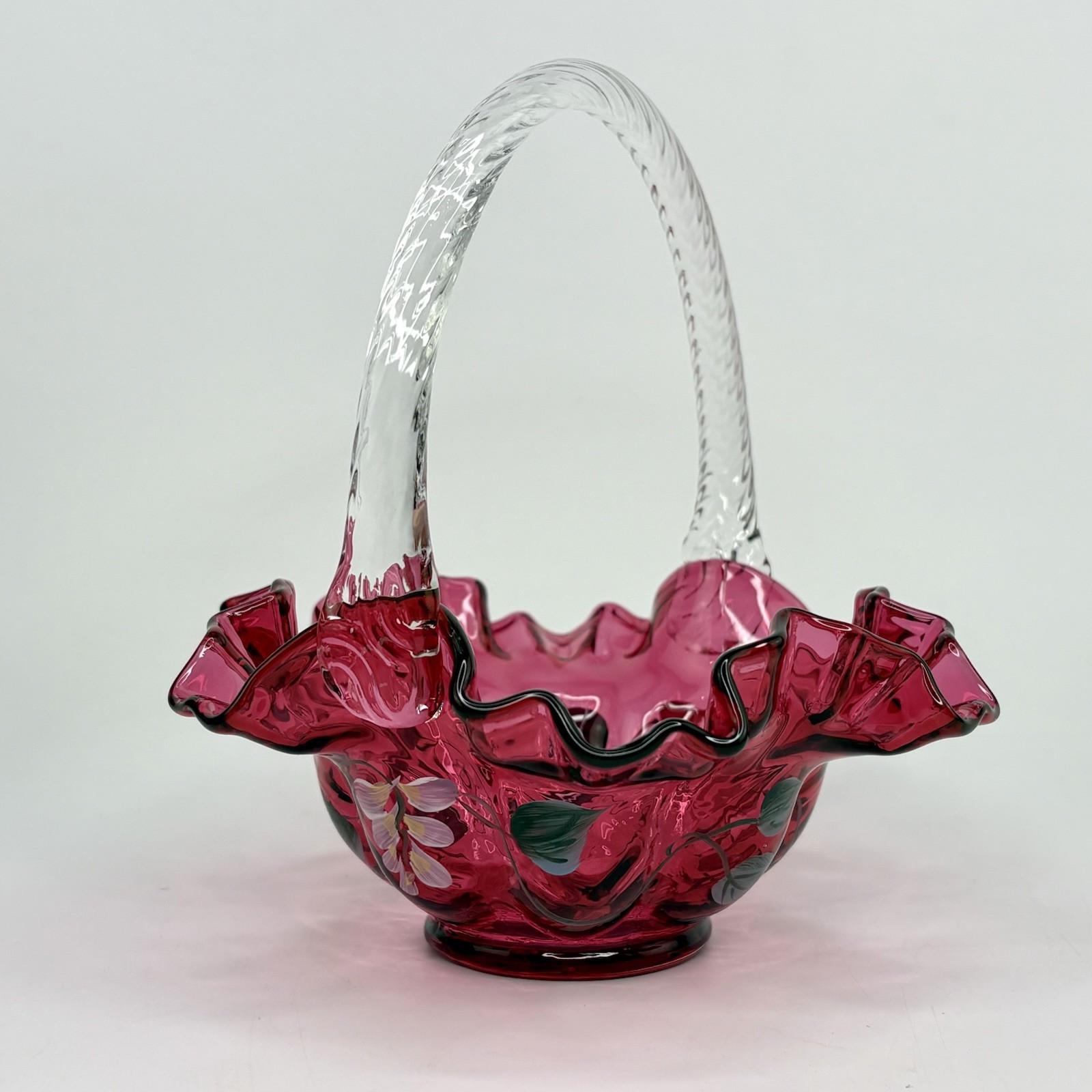Vtg Fenton Cranberry Art Glass Ruffled Basket Vase Floral Painted by D. Barbour
