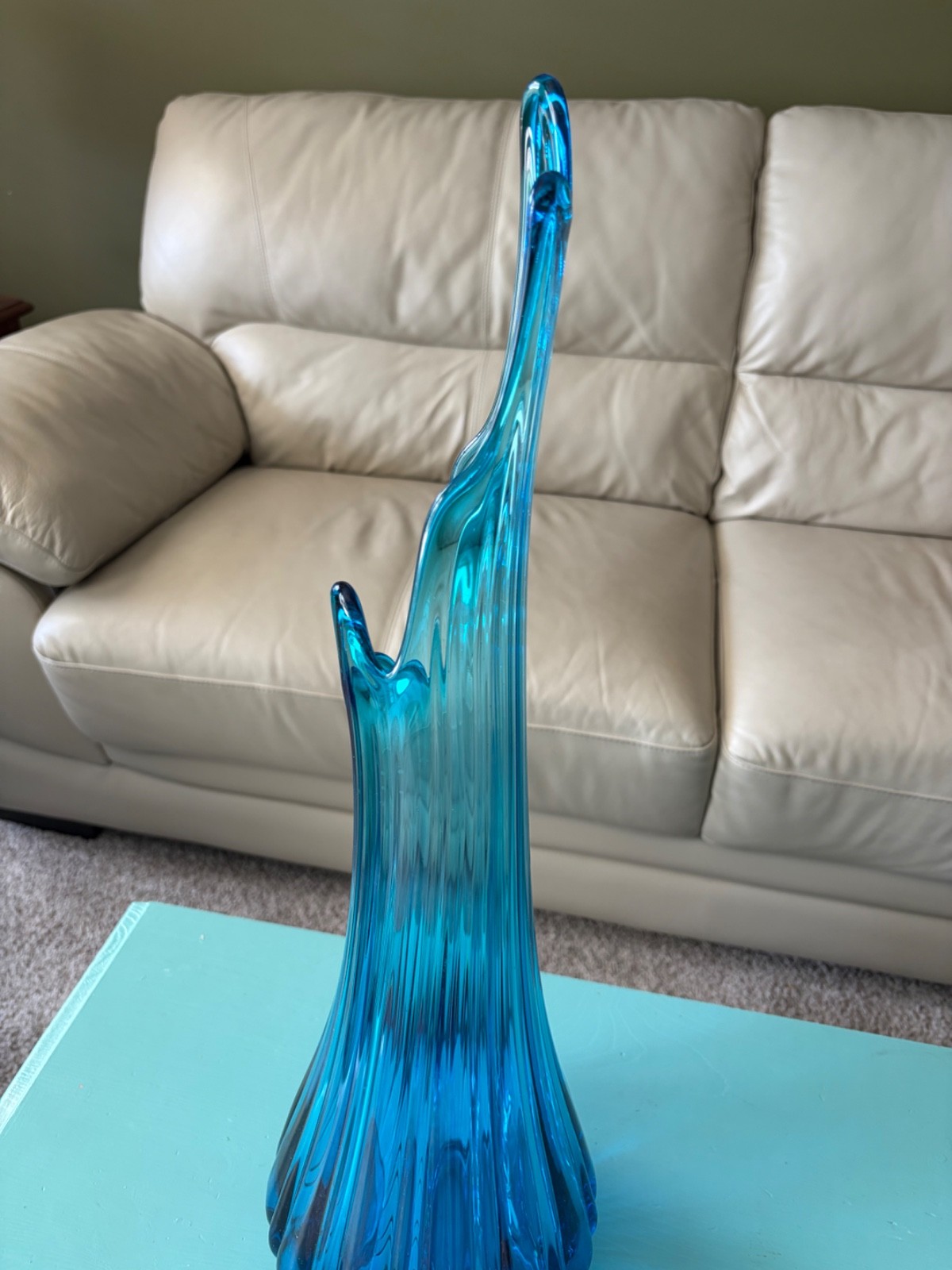 HUGE Vintage MCM LE Smith peacock blue swung vase fat bottom ribbed