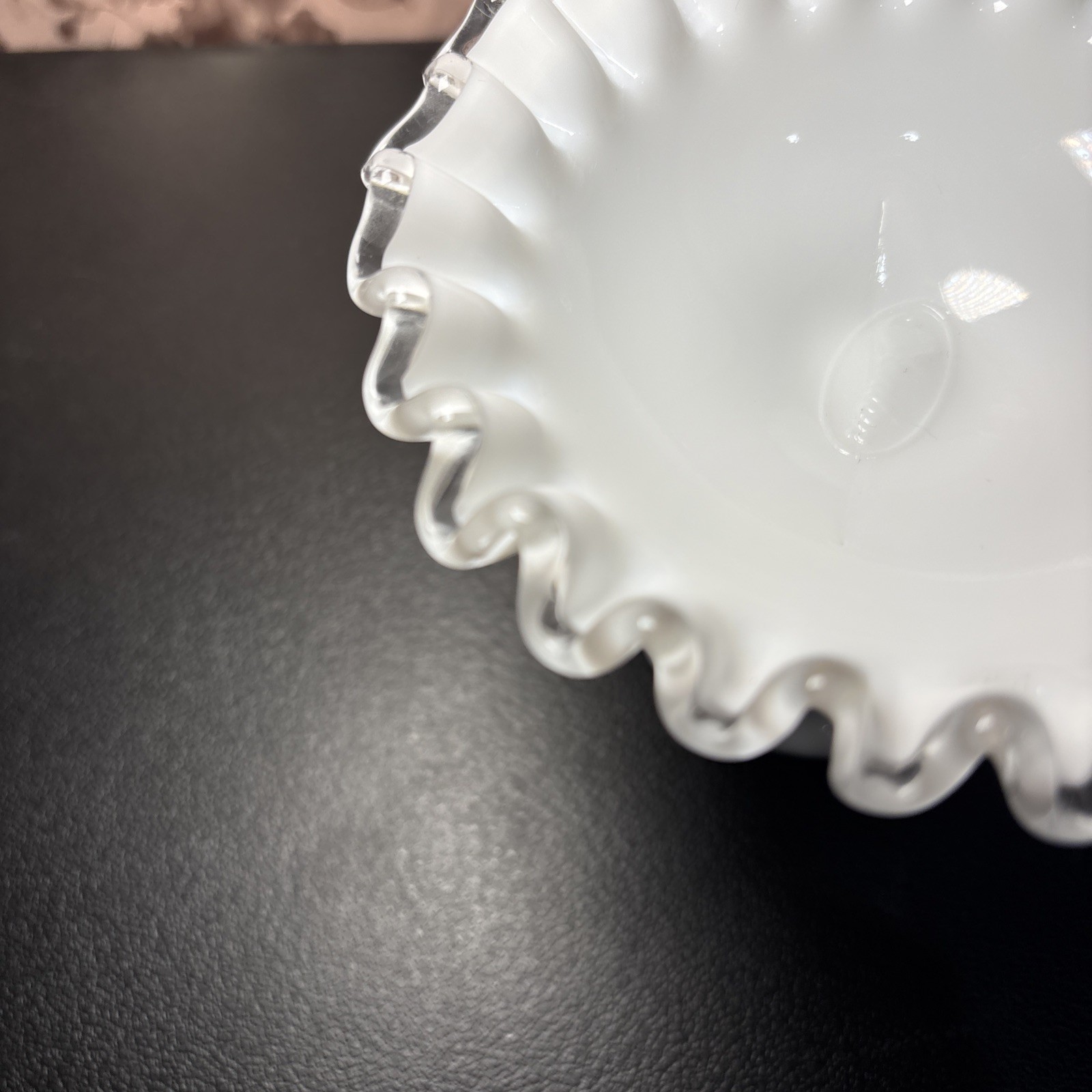 Vintage Fenton White Milk Glass Spanish Lace and Ruffle Edge Candle Holder 3″