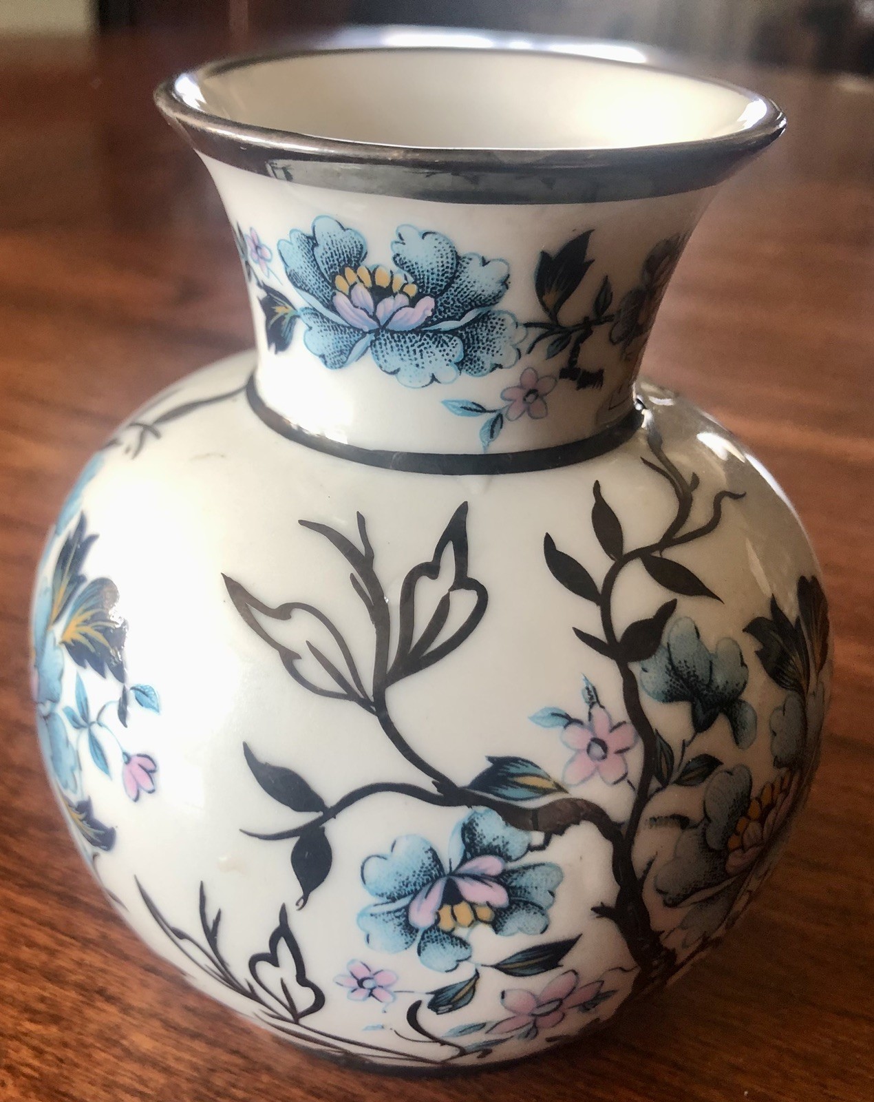 JN Bohemia￼ Barcelona ￼Porcelain Small Vase Blue Pink Flowers Branches ~ Art