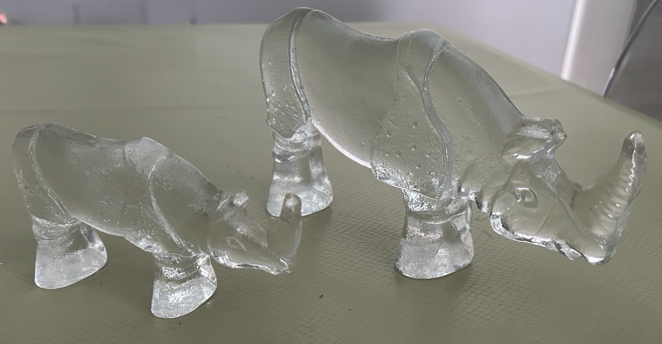 Two Kosta Boda Art Glass Rhinoceros Bertil Vallien Zoo Series Sweden