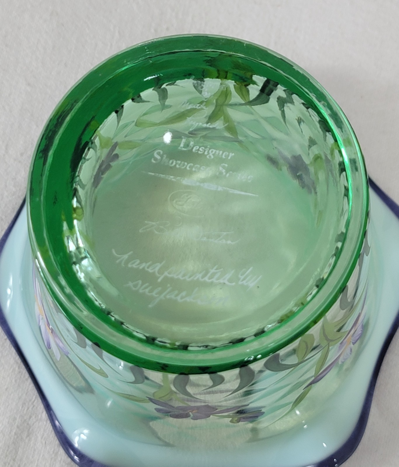 Fenton Designer Showcase Iris Vase Green Opalescent Martha Reynolds Stand 1 FLAW