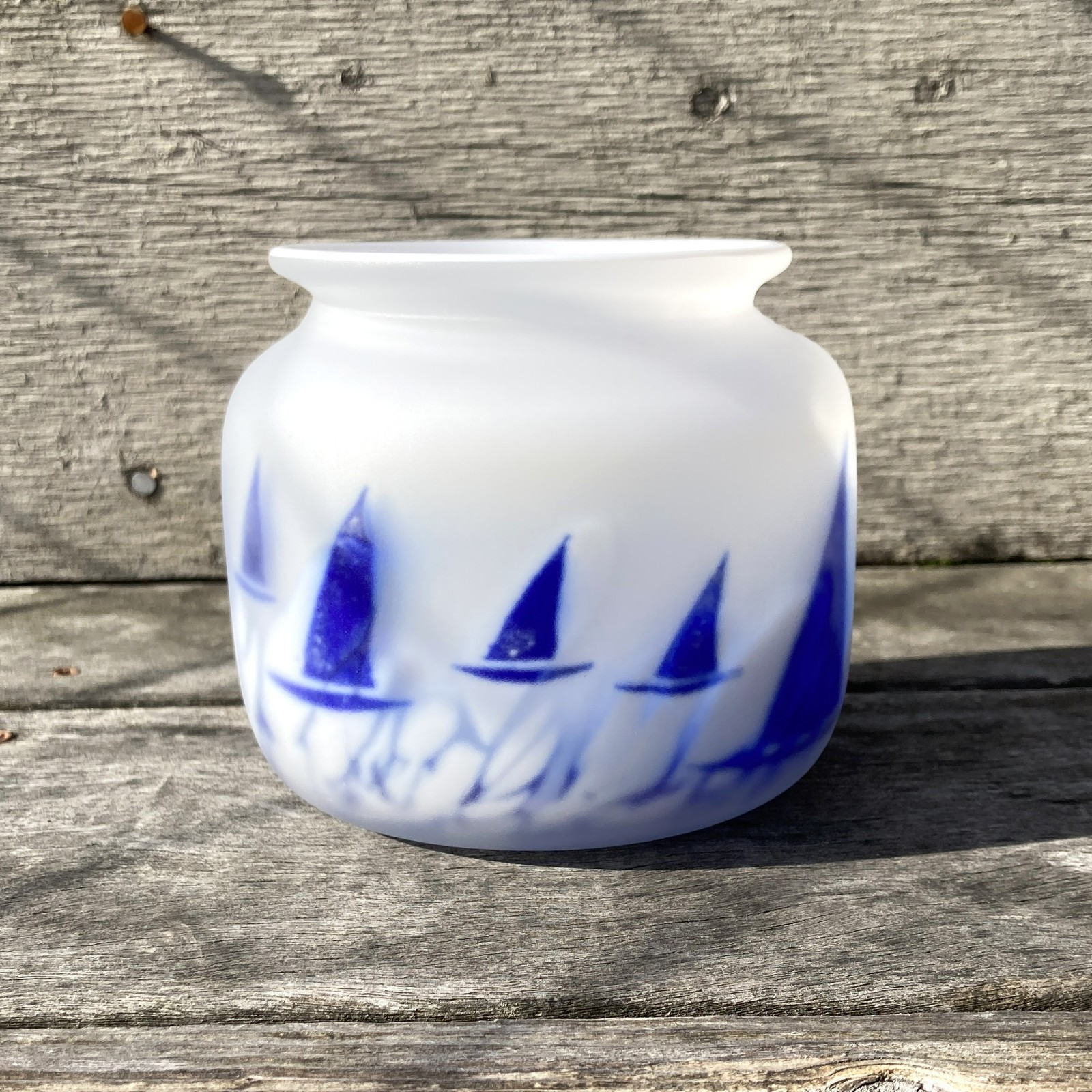 Hadeland Glassverk Frosted Art Glass Vase Norway White Blue Sailboats Signed