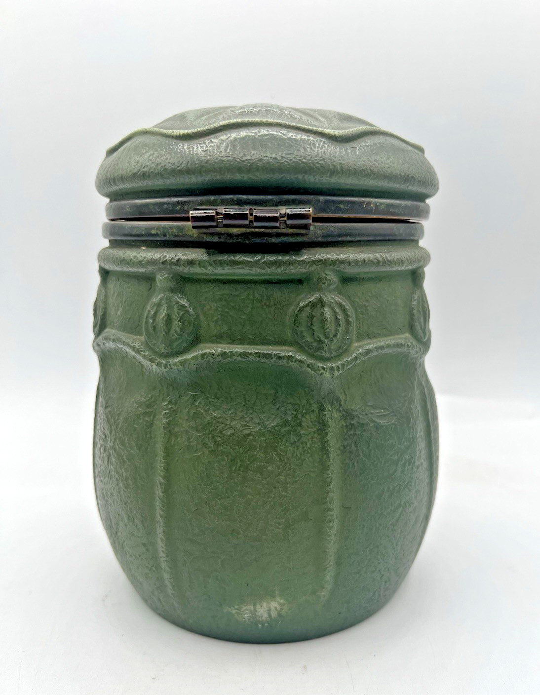 Vintage Handel Ware Glass-Merriden-Arts & Crafts Green Cigar Tabacco Humidor Jar