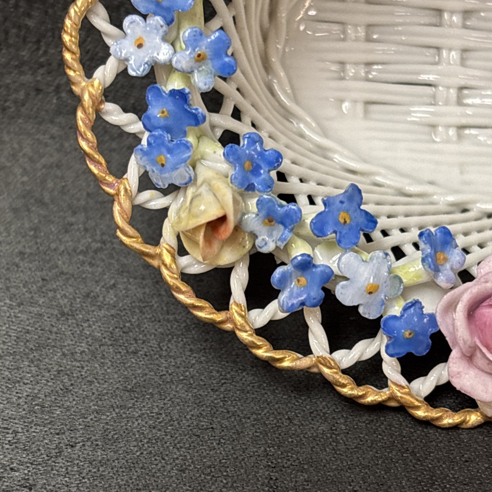 Antique Von Schierholz Woven Porcelain Basket FORGET ME NOT ~ F
