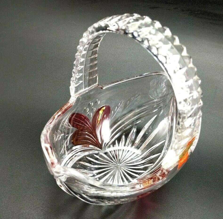 Anna Hutte Bleikristall Germany Hand Cut Lead Crystal Basket Handle Red Flower