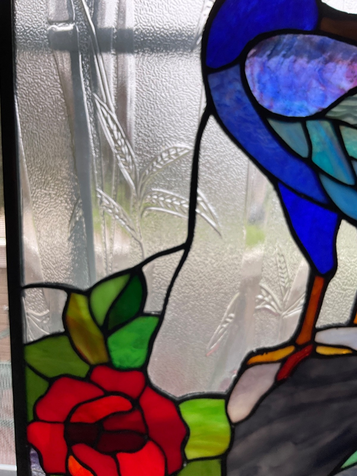 Stained glass peacock flower bamboo window panel framed. Nice!