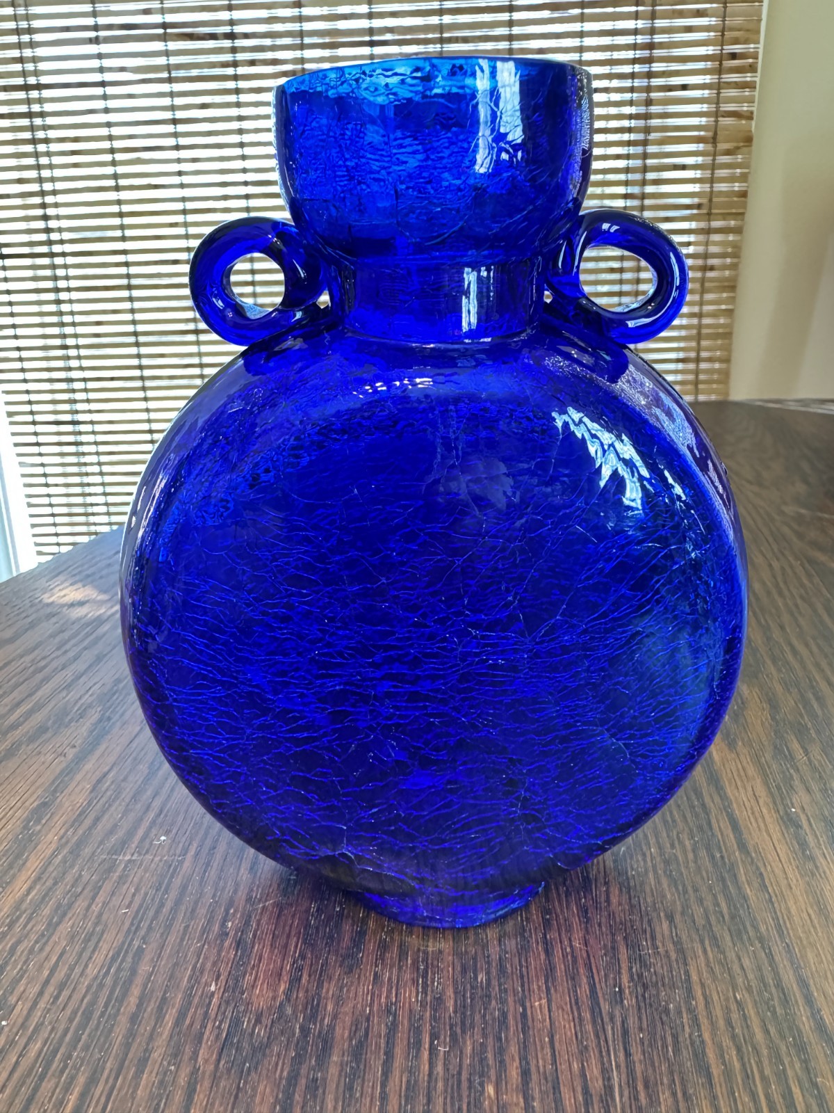Vintage 6.5″ Cobalt Blue Crackle Glass Art Glass Double Handled Vase