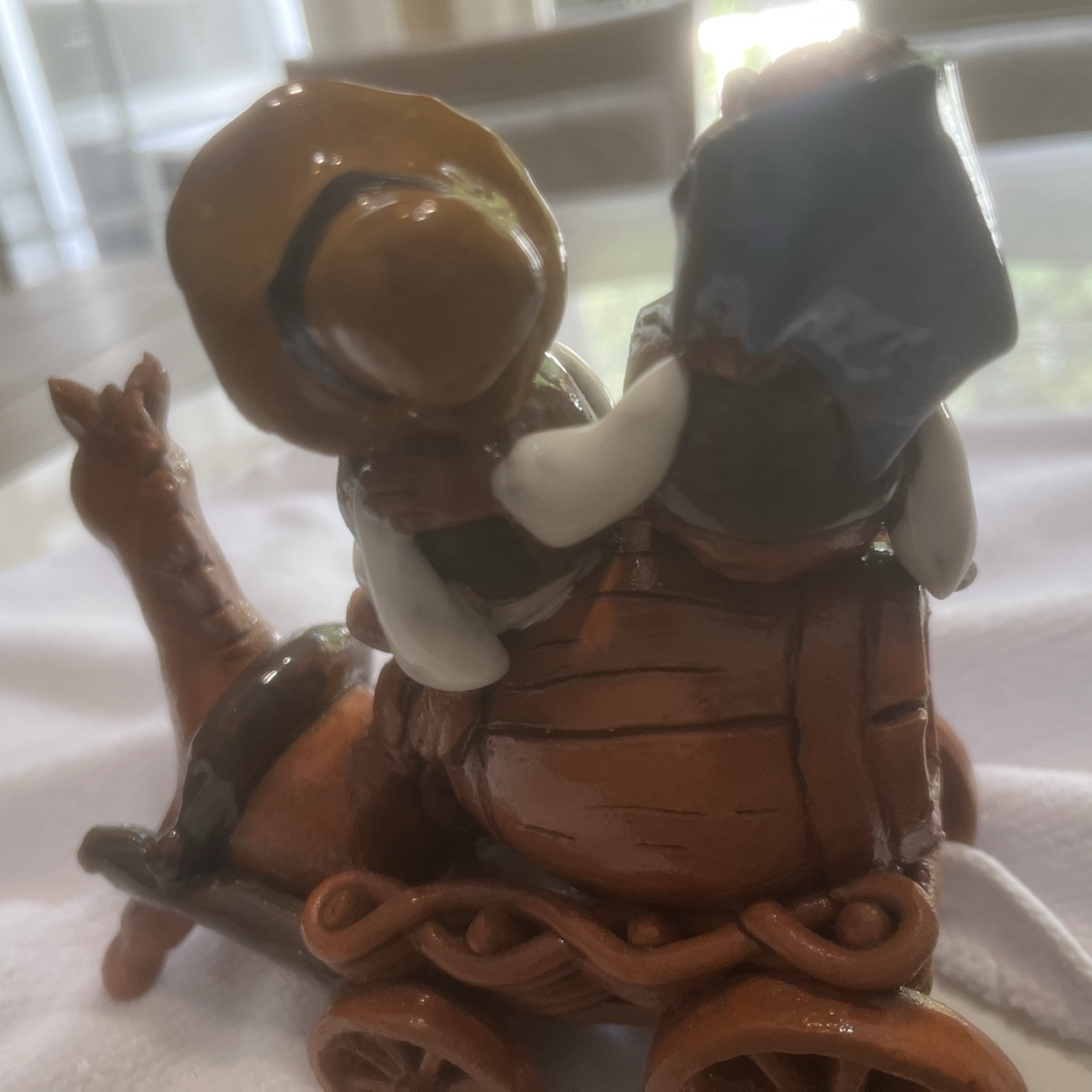 Clay Pottery Ceramic Figurine Man Pulling a Barrel wagon elderly man & women