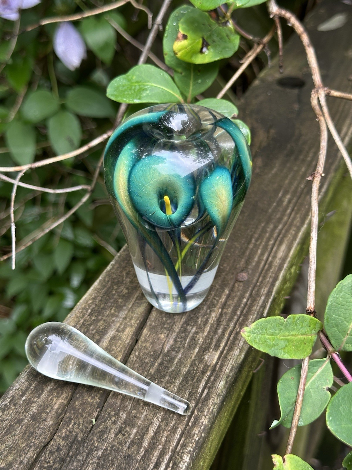 Lotton Art Glass Hand Blown Perfume Bottle Green Yellow Black Floral Signed