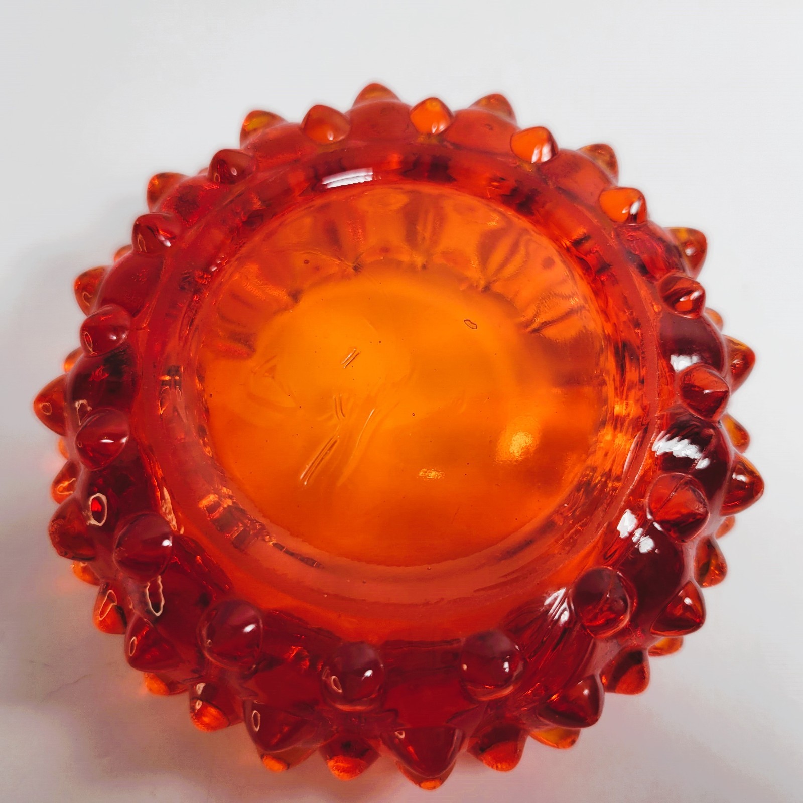 Vintage Retro Mid Century Fenton Hobnail Bright Orange Glass Ashtray 3 3/4″