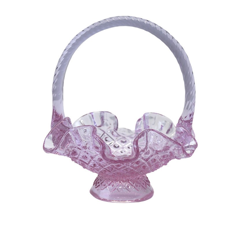 Vintage Fenton Pink Glass Basket Old Colony Lace Pattern Ruffled Edge 6″ Tall