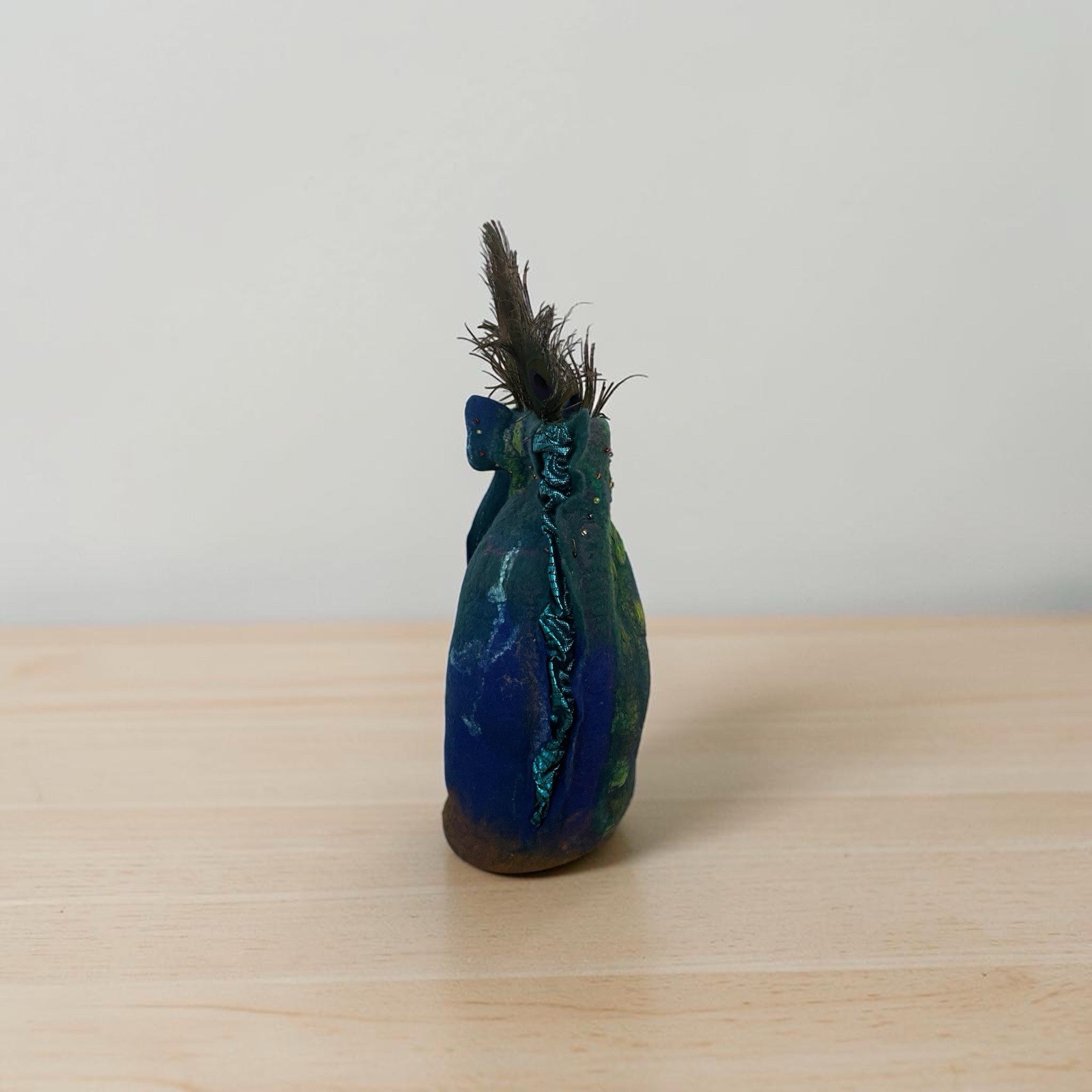 One Of A Kind! Nano felted silk and wool Peacock vessel/vase