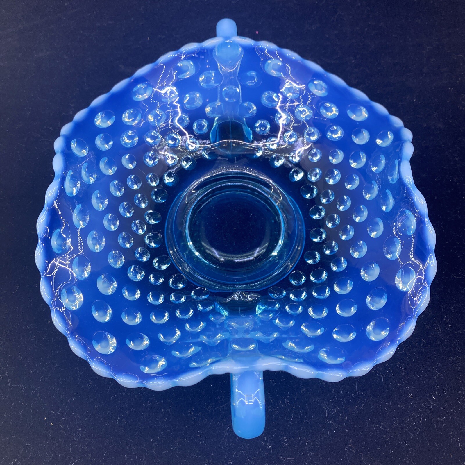 Vintage Fenton Aqua Blue Opalescent Hobnail Handled Bon Bon Dish