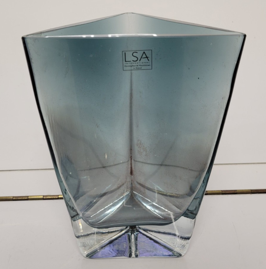 LSA POLAND ART GLASS 8.5 INCH SMOKE GRAY TRIANGLE VASE 4.2 LBS