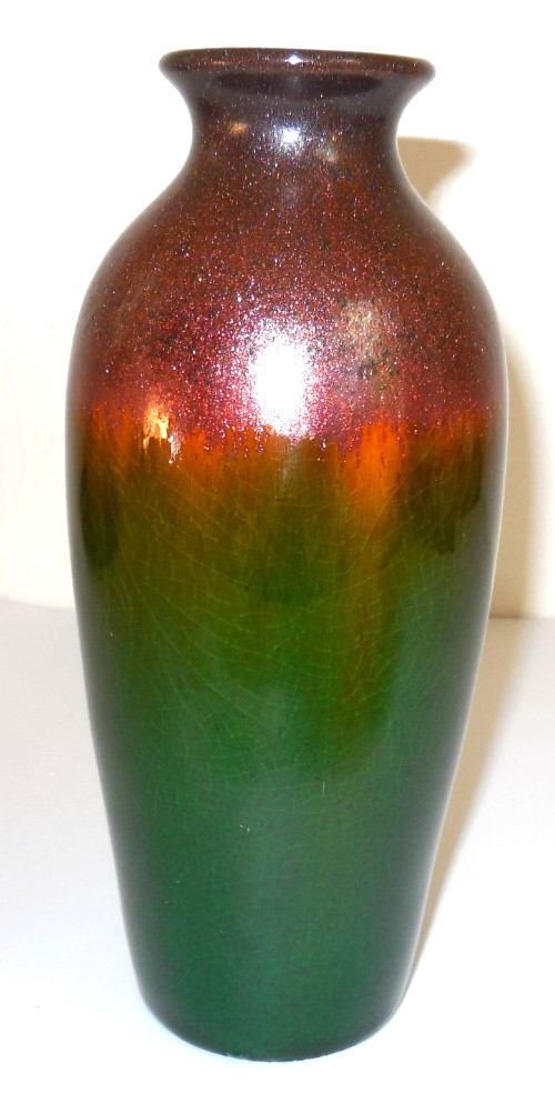 Craftsman Art Pottery 8″ Vase Green Brown Bronze Copper Heavy Drip Glaze