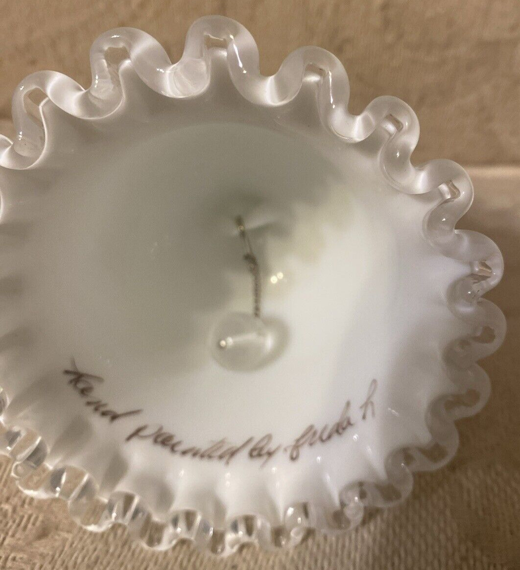 Vtg Fenton Violets In the Snow • Silver Crest Spanish Lace Bell • Signed Frida L