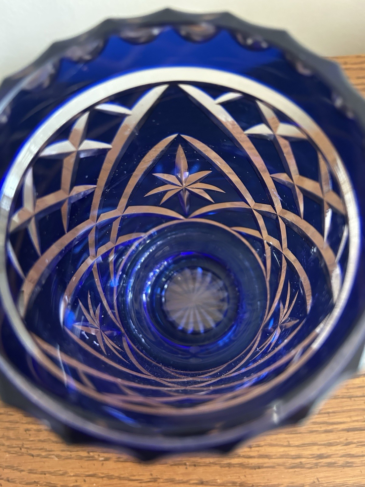 Bohemian Cobalt Blue Cut To Clear Crystal Vase Starburst Thumbprint Pattern