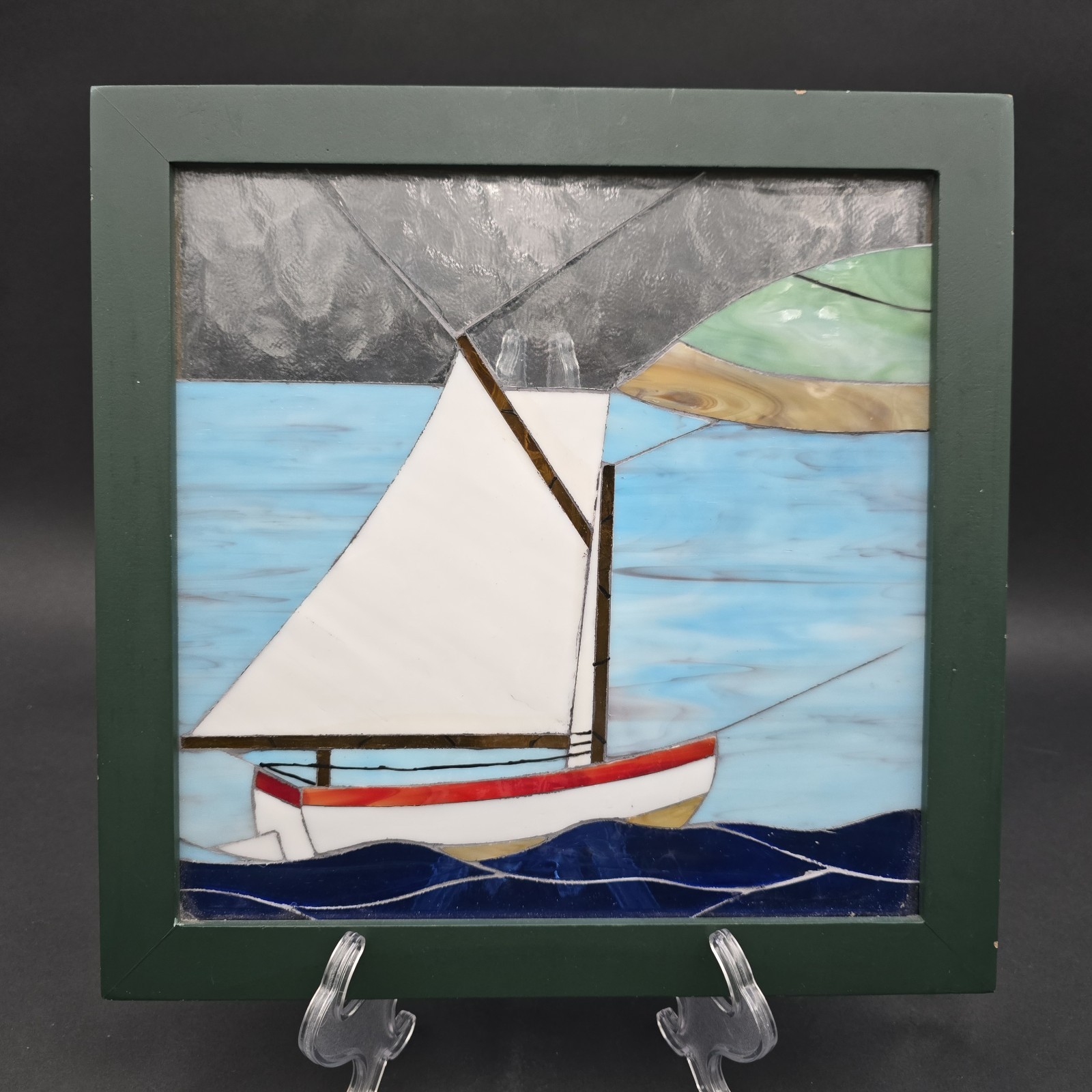 Vintage Stained Glass Sailboat Panel Handmade Framed On glass Suncatcher 11.5″