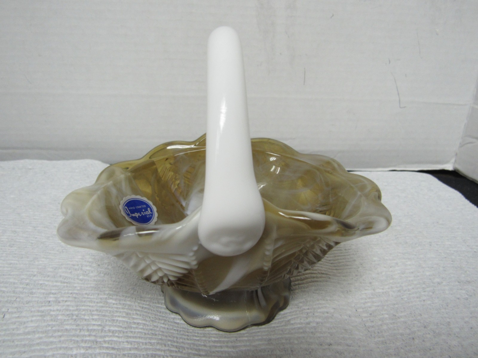Imperial Chevron Scalloped Rim Carmel Slag Glass Basket w/Milk Glass Handle 5″