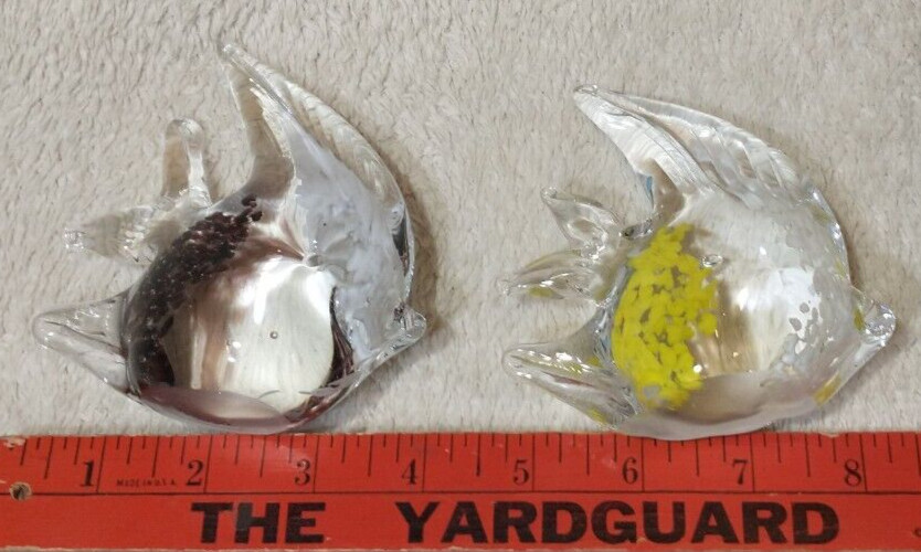 2 Art Glass Angel Fish Statue Clear Yellow White-Clear Black White Paperweight