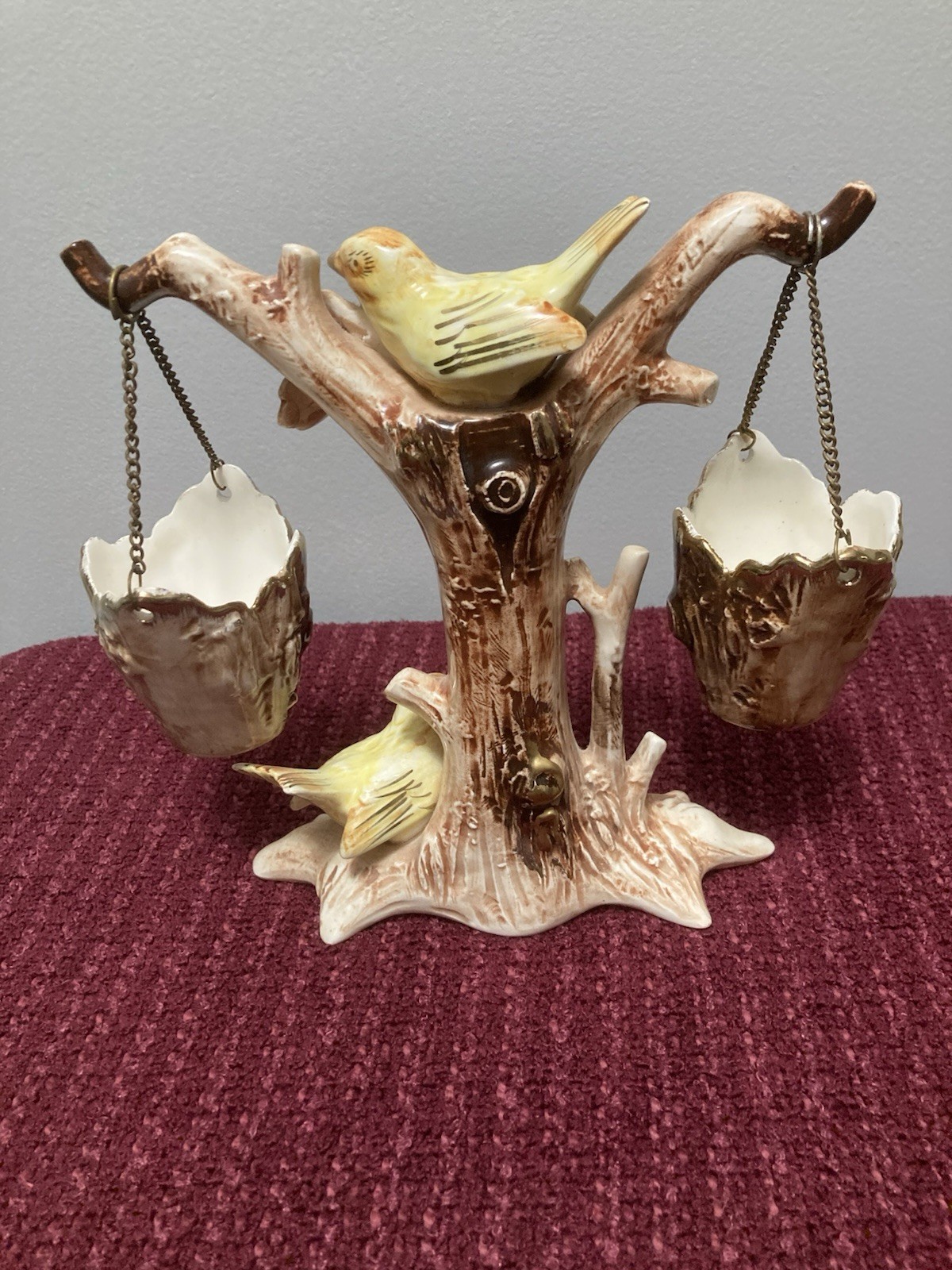 Vintage Ucagco Figurine Canary Birds on a Tree w/Basket Nest Japan (See Pics)